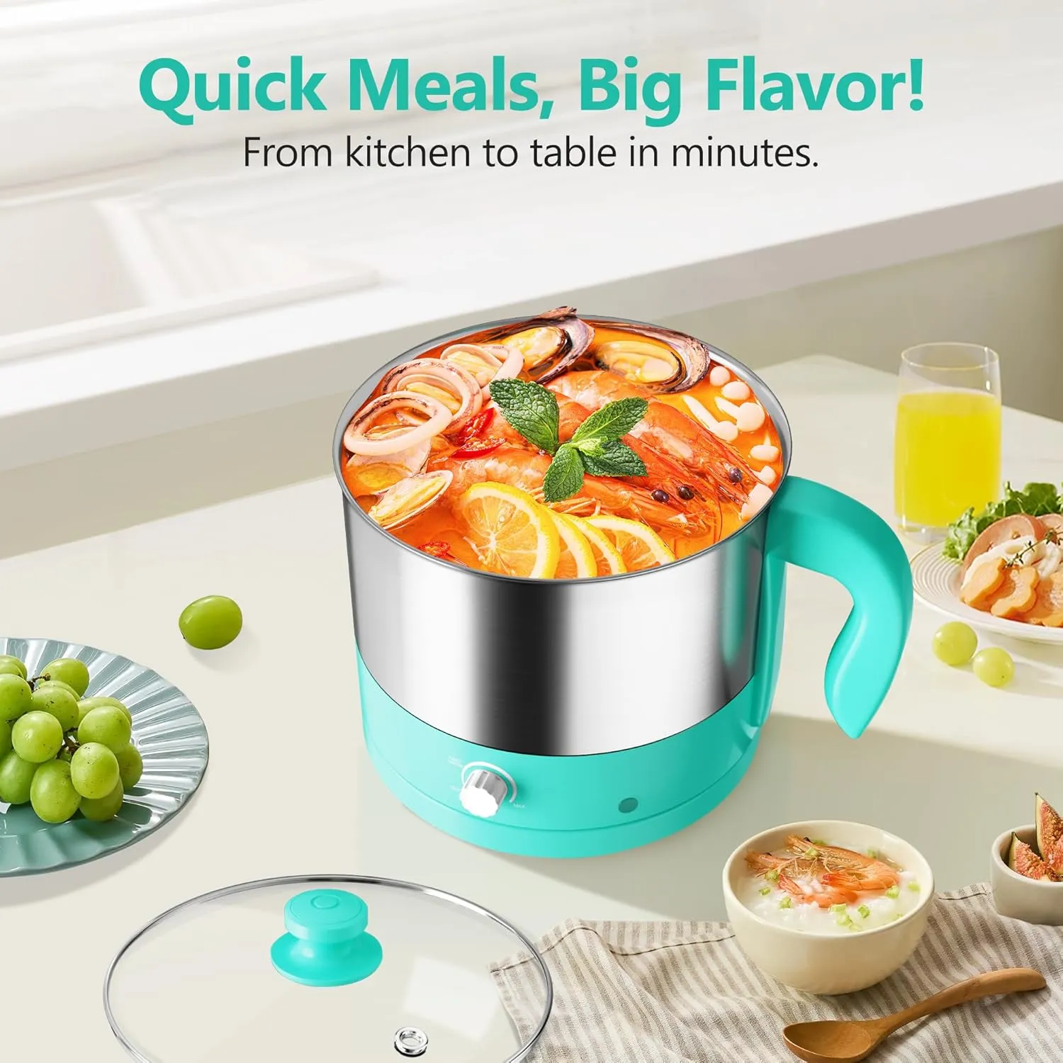 Hot Pot Electric - CACHOO Small 1.25Qt Turquoise Stainless Steel Ramen Cooker with Temperature Control & Keep Warm, Multi-Use Simmer Pot for Boiling, Stewing, Blanching - Ideal for Dorms, Camping, RVs
