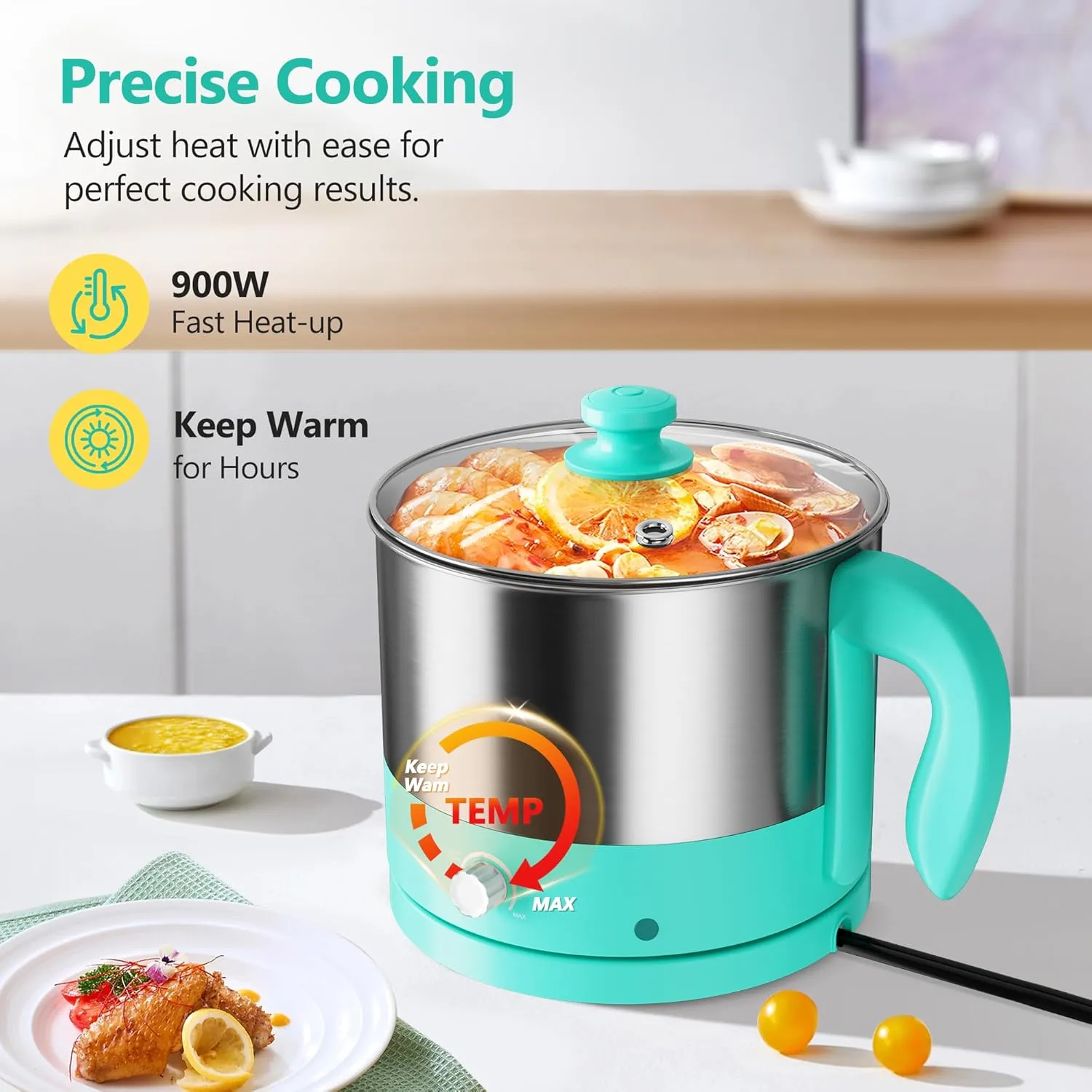 Hot Pot Electric - CACHOO Small 1.25Qt Turquoise Stainless Steel Ramen Cooker with Temperature Control & Keep Warm, Multi-Use Simmer Pot for Boiling, Stewing, Blanching - Ideal for Dorms, Camping, RVs