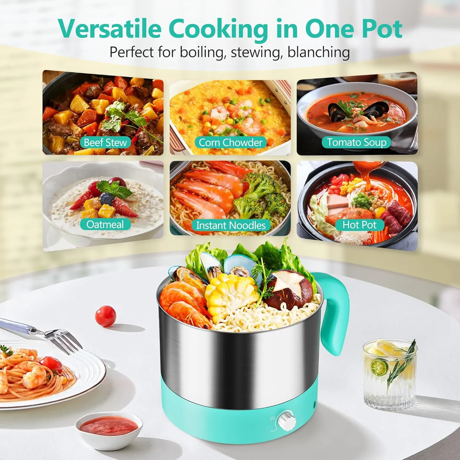 Hot Pot Electric - CACHOO Small 1.25Qt Turquoise Stainless Steel Ramen Cooker with Temperature Control & Keep Warm, Multi-Use Simmer Pot for Boiling, Stewing, Blanching - Ideal for Dorms, Camping, RVs