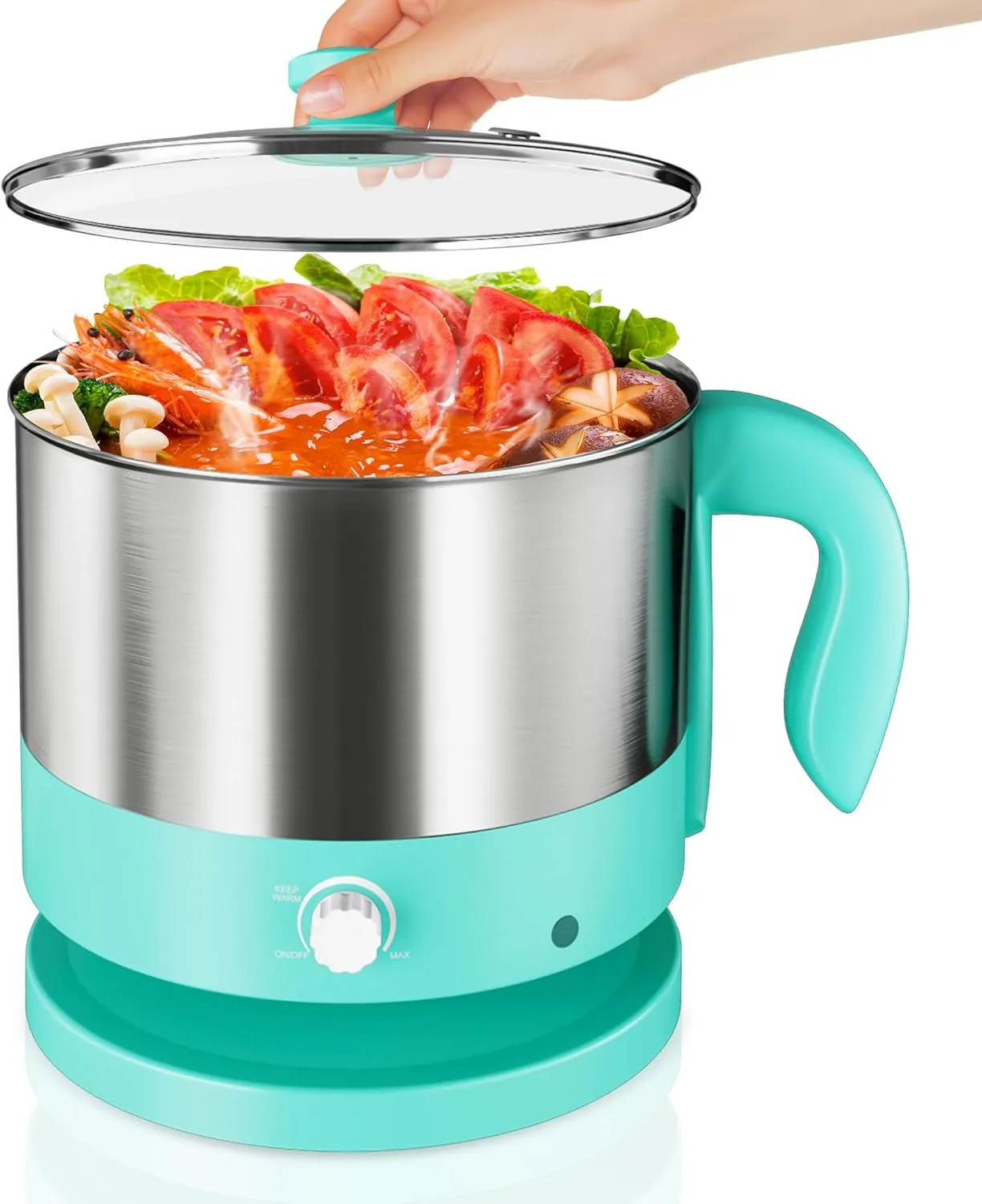 Hot Pot Electric - CACHOO Small 1.25Qt Turquoise Stainless Steel Ramen Cooker with Temperature Control & Keep Warm, Multi-Use Simmer Pot for Boiling, Stewing, Blanching - Ideal for Dorms, Camping, RVs