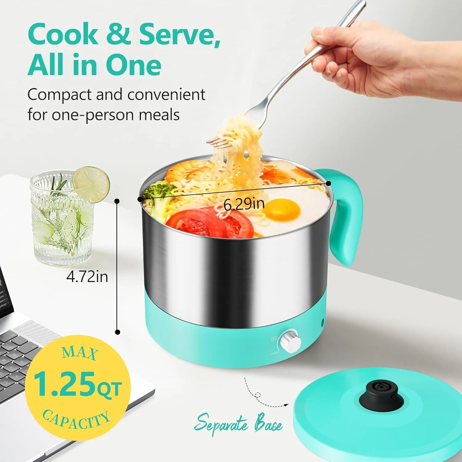 Hot Pot Electric - CACHOO Small 1.25Qt Turquoise Stainless Steel Ramen Cooker with Temperature Control & Keep Warm, Multi-Use Simmer Pot for Boiling, Stewing, Blanching - Ideal for Dorms, Camping, RVs