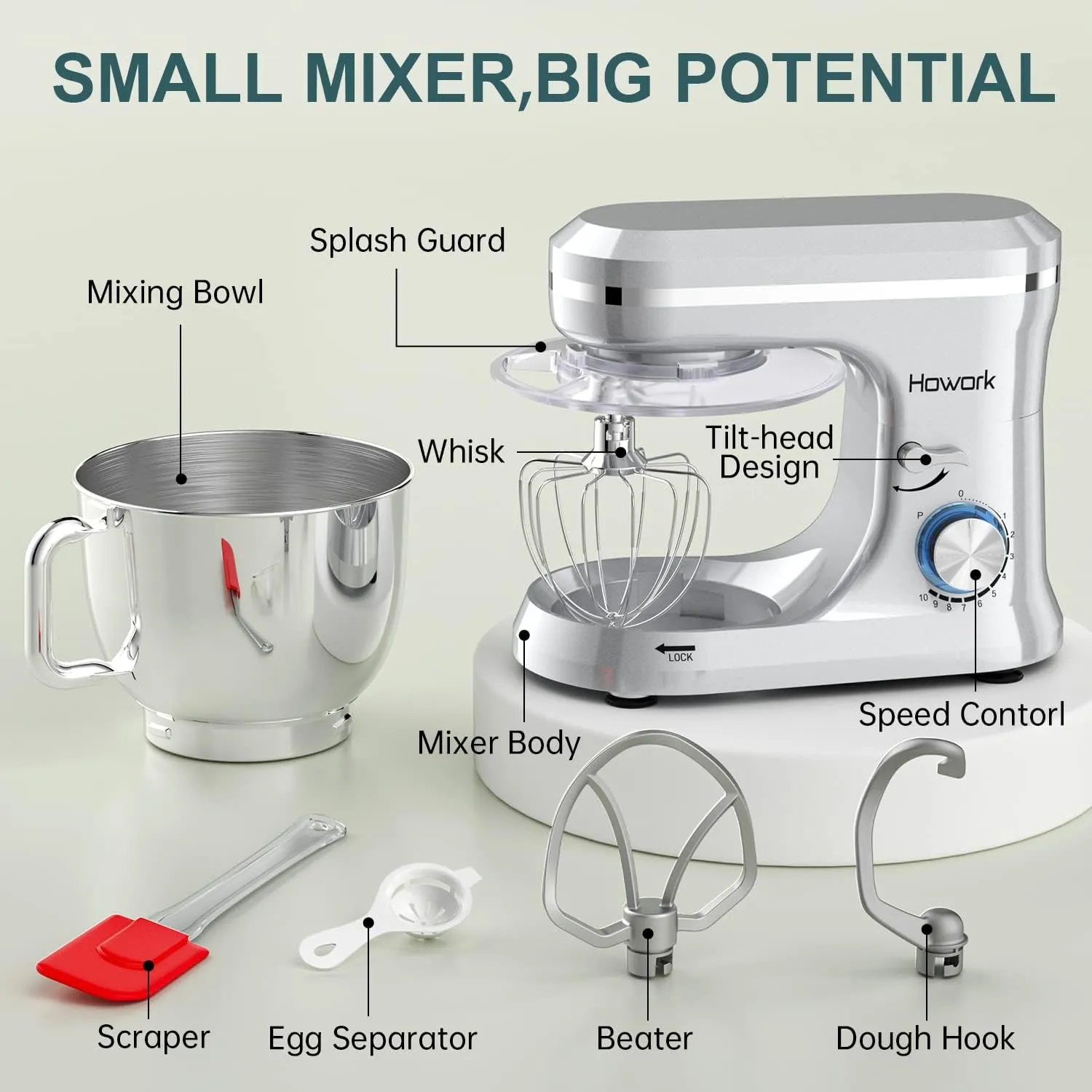 HOWORK Electric Stand Mixer,10 p Speeds With 6.5QT Stainless Steel Bowl,Dough Hook, Wire Whip & Beater,for Most Home Cooks,Silver