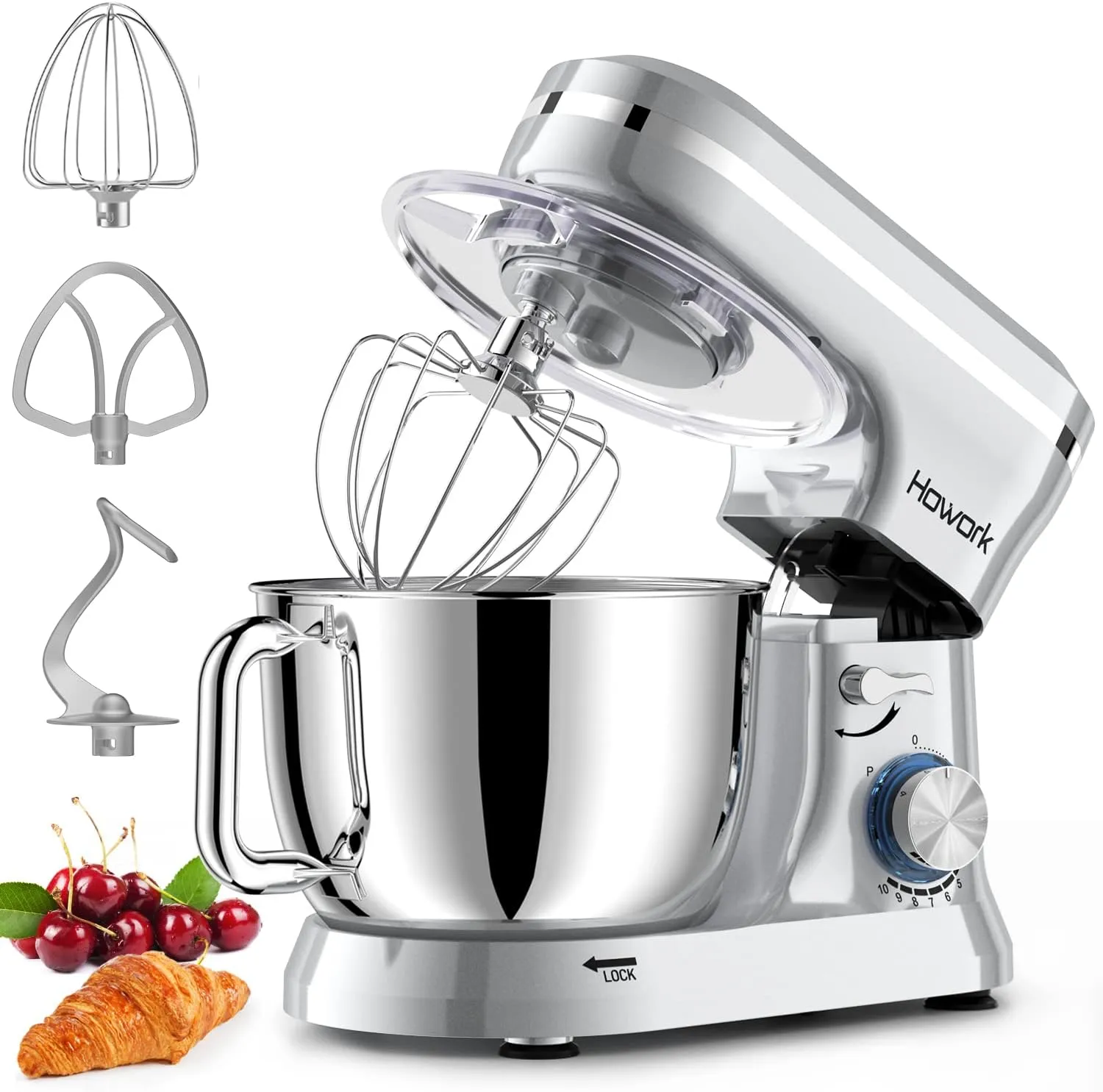 HOWORK Electric Stand Mixer,10 p Speeds With 6.5QT Stainless Steel Bowl,Dough Hook, Wire Whip & Beater,for Most Home Cooks,Silver