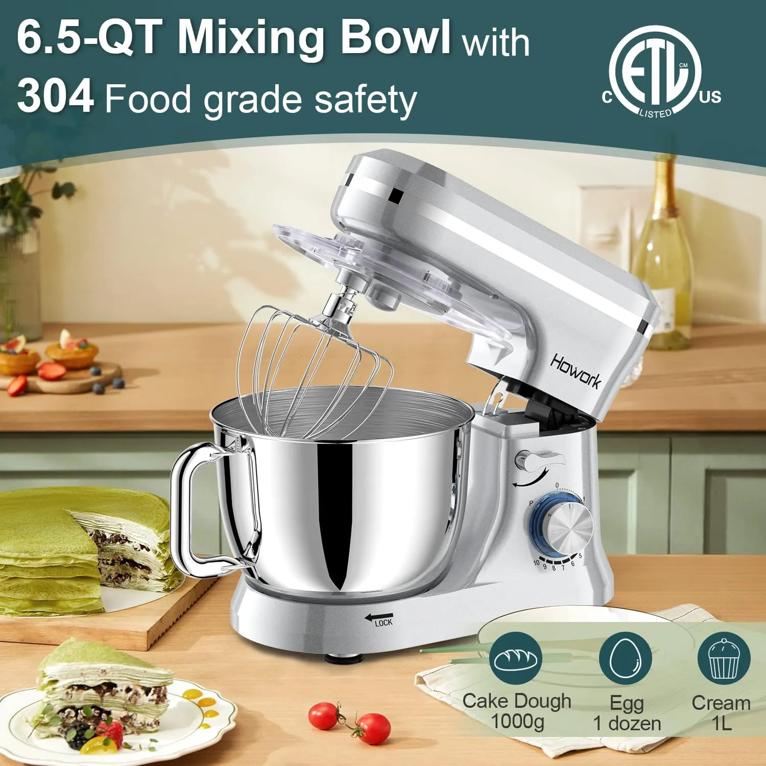 HOWORK Electric Stand Mixer,10 p Speeds With 6.5QT Stainless Steel Bowl,Dough Hook, Wire Whip & Beater,for Most Home Cooks,Silver