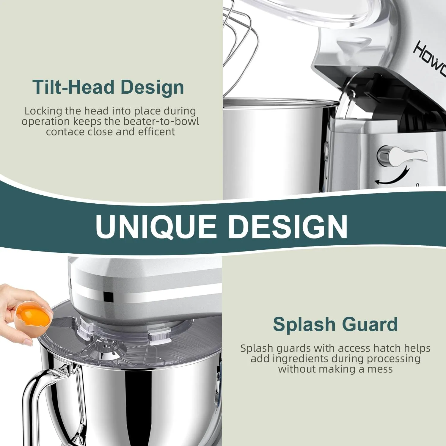 HOWORK Electric Stand Mixer,10 p Speeds With 6.5QT Stainless Steel Bowl,Dough Hook, Wire Whip & Beater,for Most Home Cooks,Silver