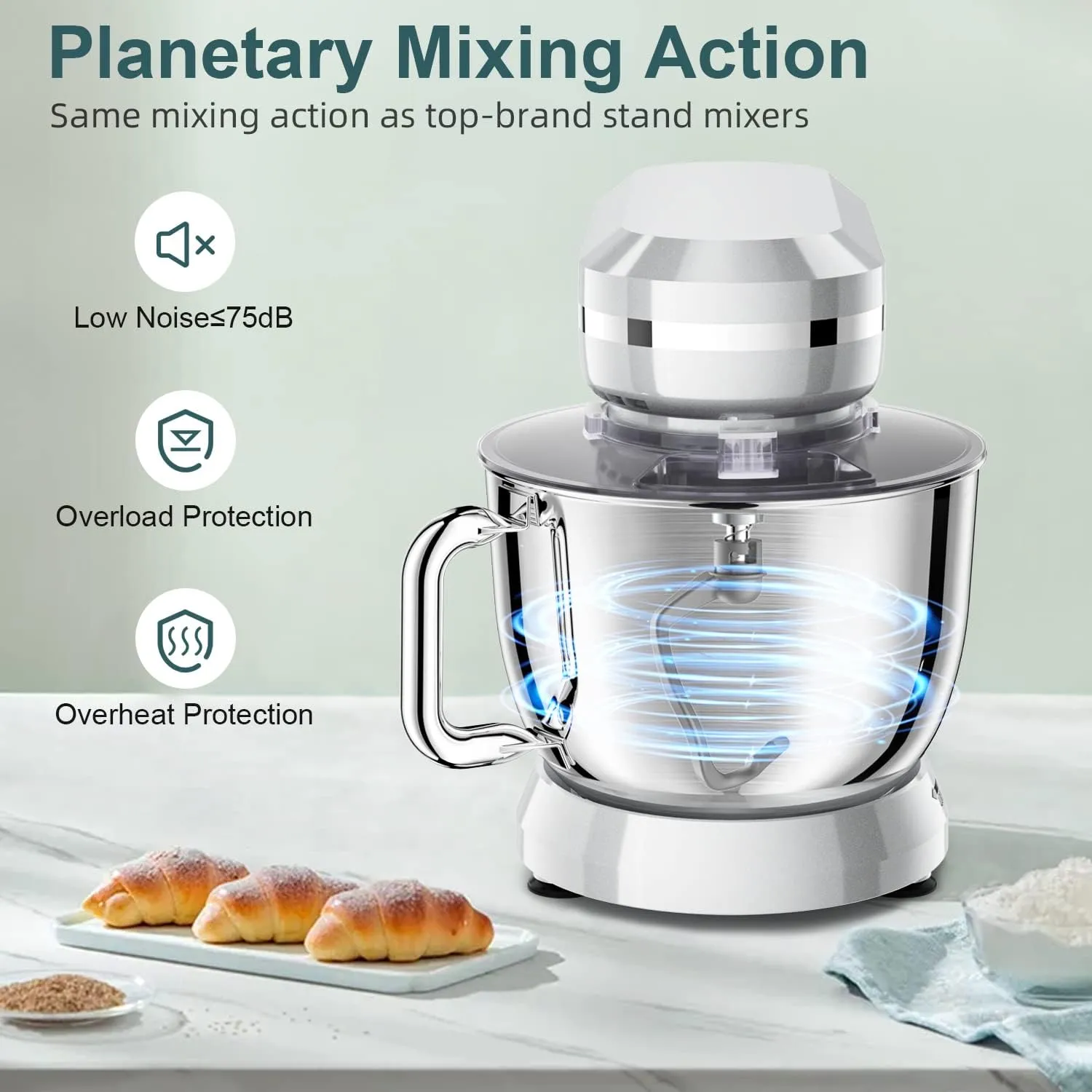 HOWORK Electric Stand Mixer,10 p Speeds With 6.5QT Stainless Steel Bowl,Dough Hook, Wire Whip & Beater,for Most Home Cooks,Silver