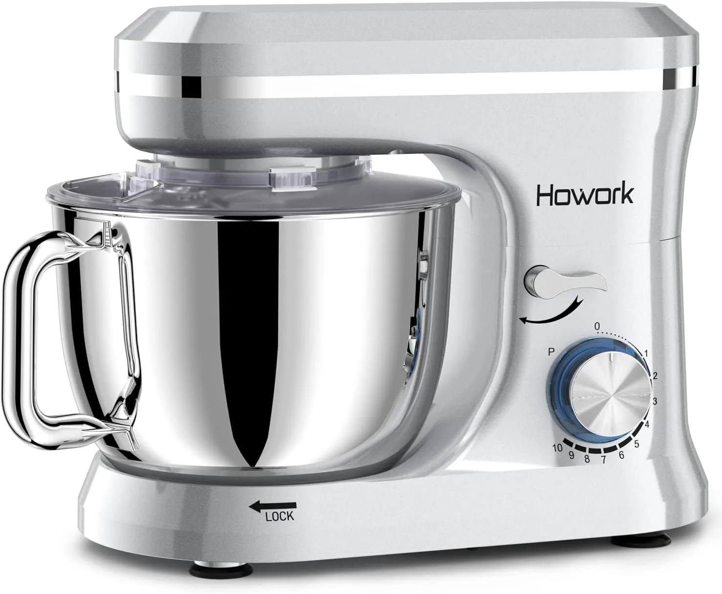 HOWORK Electric Stand Mixer,10 p Speeds With 6.5QT Stainless Steel Bowl,Dough Hook, Wire Whip & Beater,for Most Home Cooks,Silver