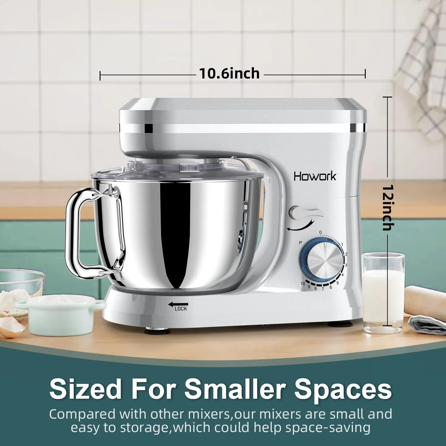 HOWORK Electric Stand Mixer,10 p Speeds With 6.5QT Stainless Steel Bowl,Dough Hook, Wire Whip & Beater,for Most Home Cooks,Silver