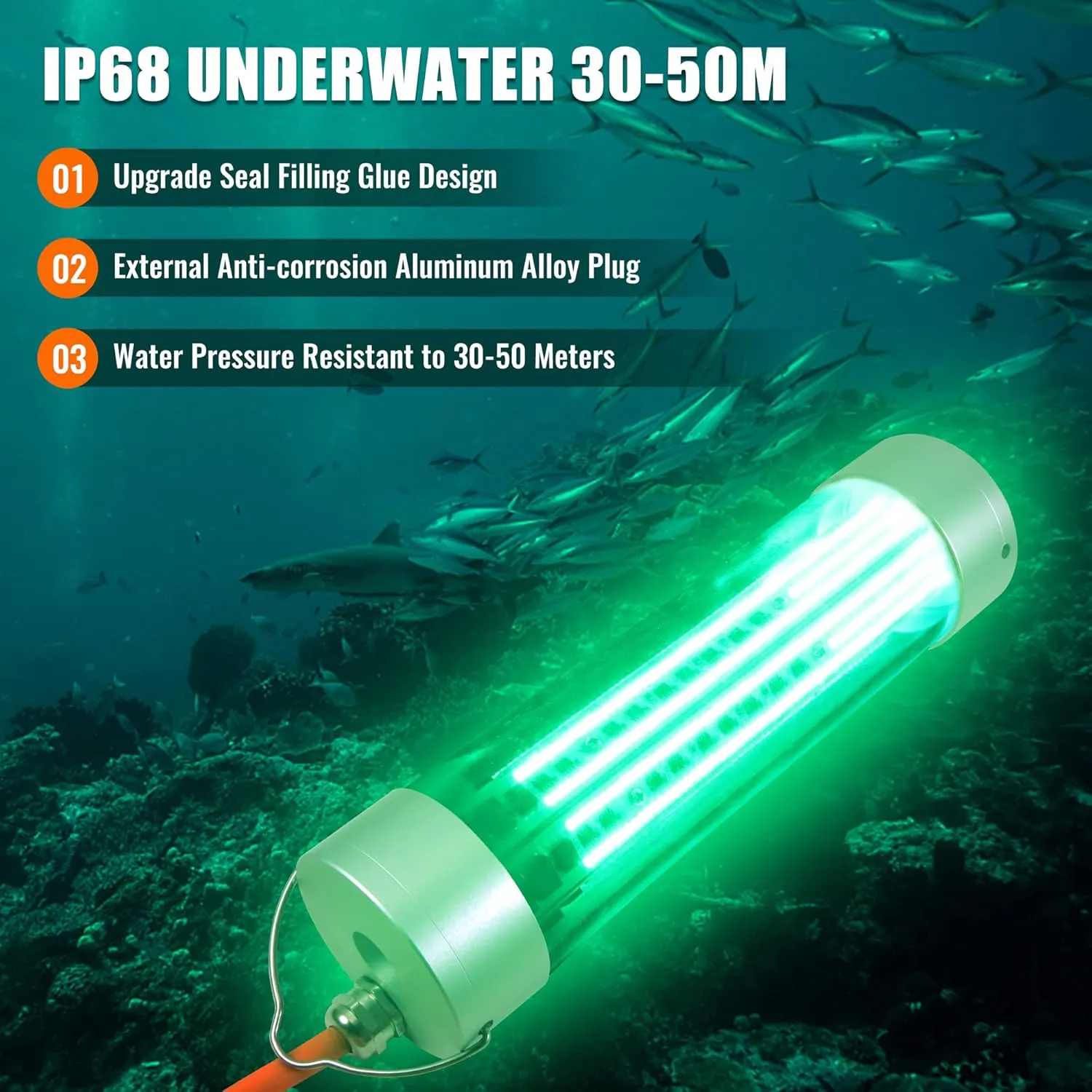 HUSUKU LED Underwater Fishing Light, 10000~80000lm 100W / 300W / 400W / 800W, 12V / 110V / 220V Green Night Fishing Attractor IP68 Submersible Lamp for Crappie Snook Squid Shrimp, 49ft/33ft/16ft Wire