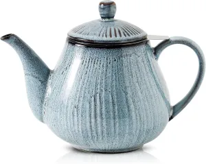 HVH 40 oz Porcelain Teapot with Stainless Steel Infuser, Ceramic Tea pot with Infuser for Loose Tea, Enough For 6 Cups, Striped Series (Wabi sabi)