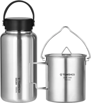 HXBER 1050ml Stainless Steel Water Bottle Leak Proof Sports Bottle with 750ml Water Cup Coffee Mug ing Pot for Outdoor Camping Hiking Backpacking Fishing