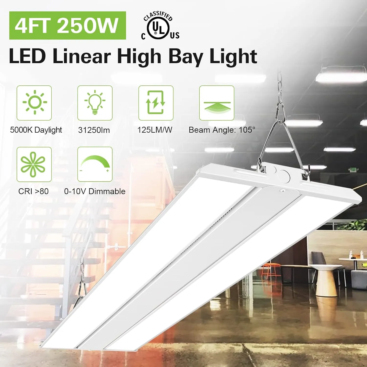 hykolity 4 Pack 4FT LED Linear High Bay Shop Light, 250W LED Shop Light, 31250lm 125LM/W, 100-277V, 0-10V Dim, 5000K Daylight Linear Hanging Light for Warehouse Workshops