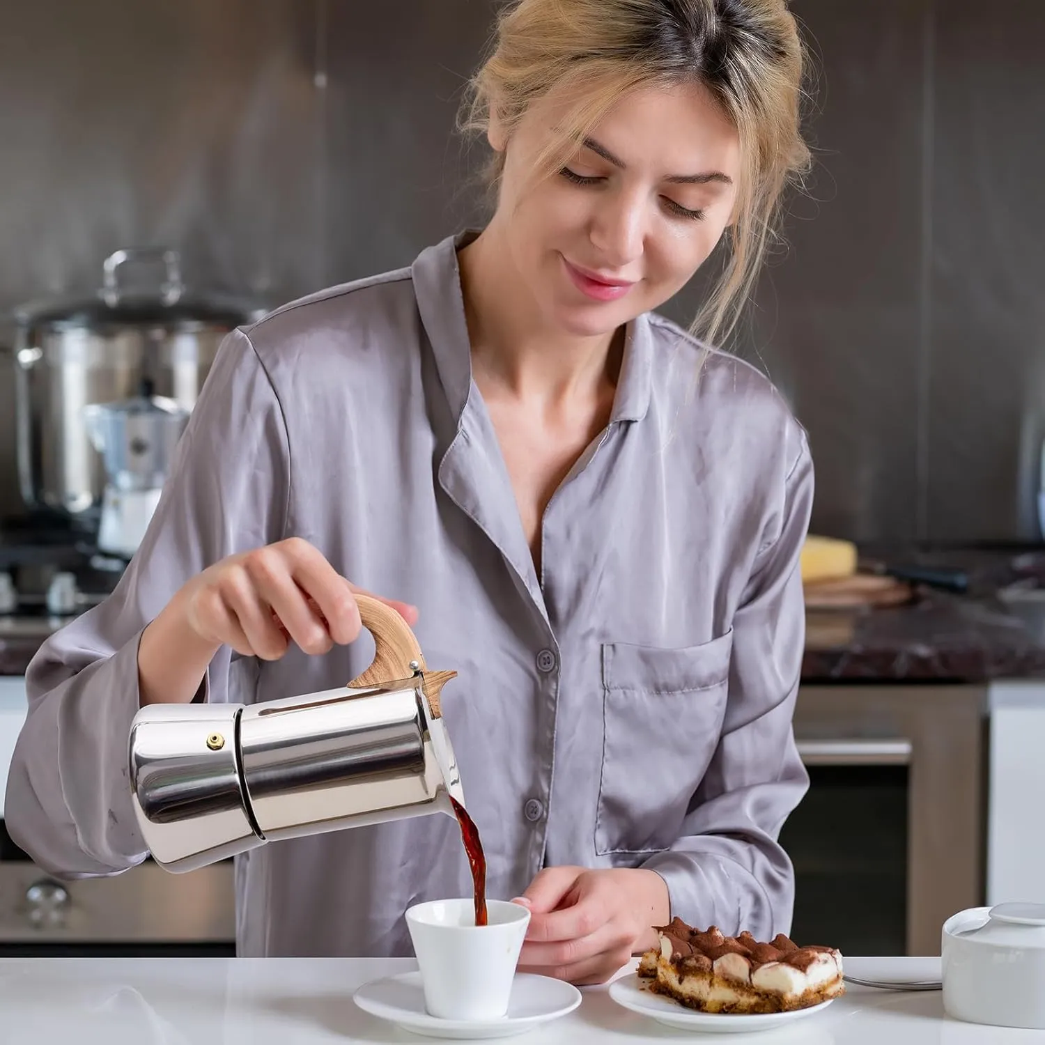 Induction Moka Pot, Stainless Steel, Stovetop Espresso Coffee Maker, 6 Cup/300ml/10.1oz, Easy to Use and Clean, Camping Home Use | for Mocha Cappuccinos, Lattes