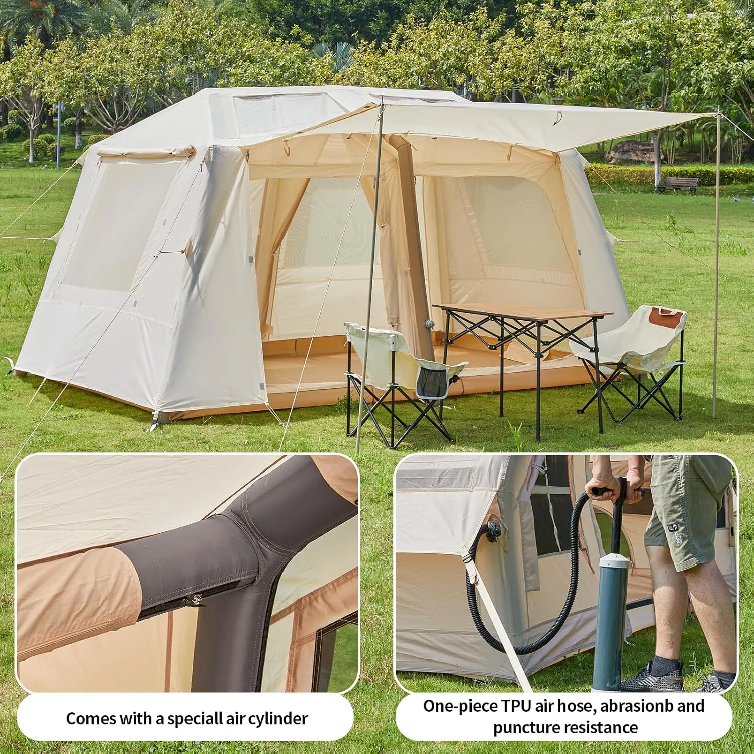 Inflatable Camping Tent, 2/4/6/8 Person Glamping Inflatable Tents for Camping, 2025 Update Zipper Door Easy Setup Blow Up Tents Big House with Rainfly&Mosquito Screen, 4 Season