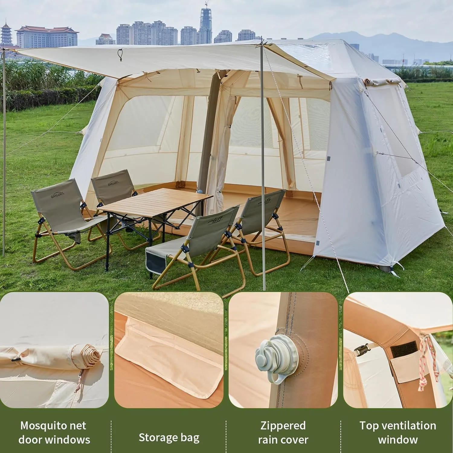 Inflatable Camping Tent, 2/4/6/8 Person Glamping Inflatable Tents for Camping, 2025 Update Zipper Door Easy Setup Blow Up Tents Big House with Rainfly&Mosquito Screen, 4 Season