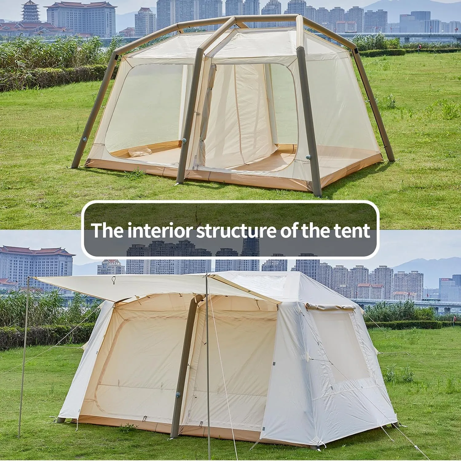 Inflatable Camping Tent, 2/4/6/8 Person Glamping Inflatable Tents for Camping, 2025 Update Zipper Door Easy Setup Blow Up Tents Big House with Rainfly&Mosquito Screen, 4 Season