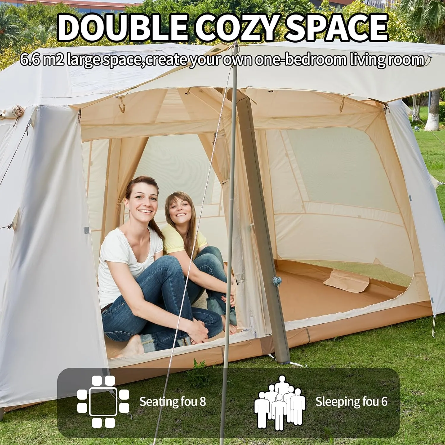 Inflatable Camping Tent, 2/4/6/8 Person Glamping Inflatable Tents for Camping, 2025 Update Zipper Door Easy Setup Blow Up Tents Big House with Rainfly&Mosquito Screen, 4 Season