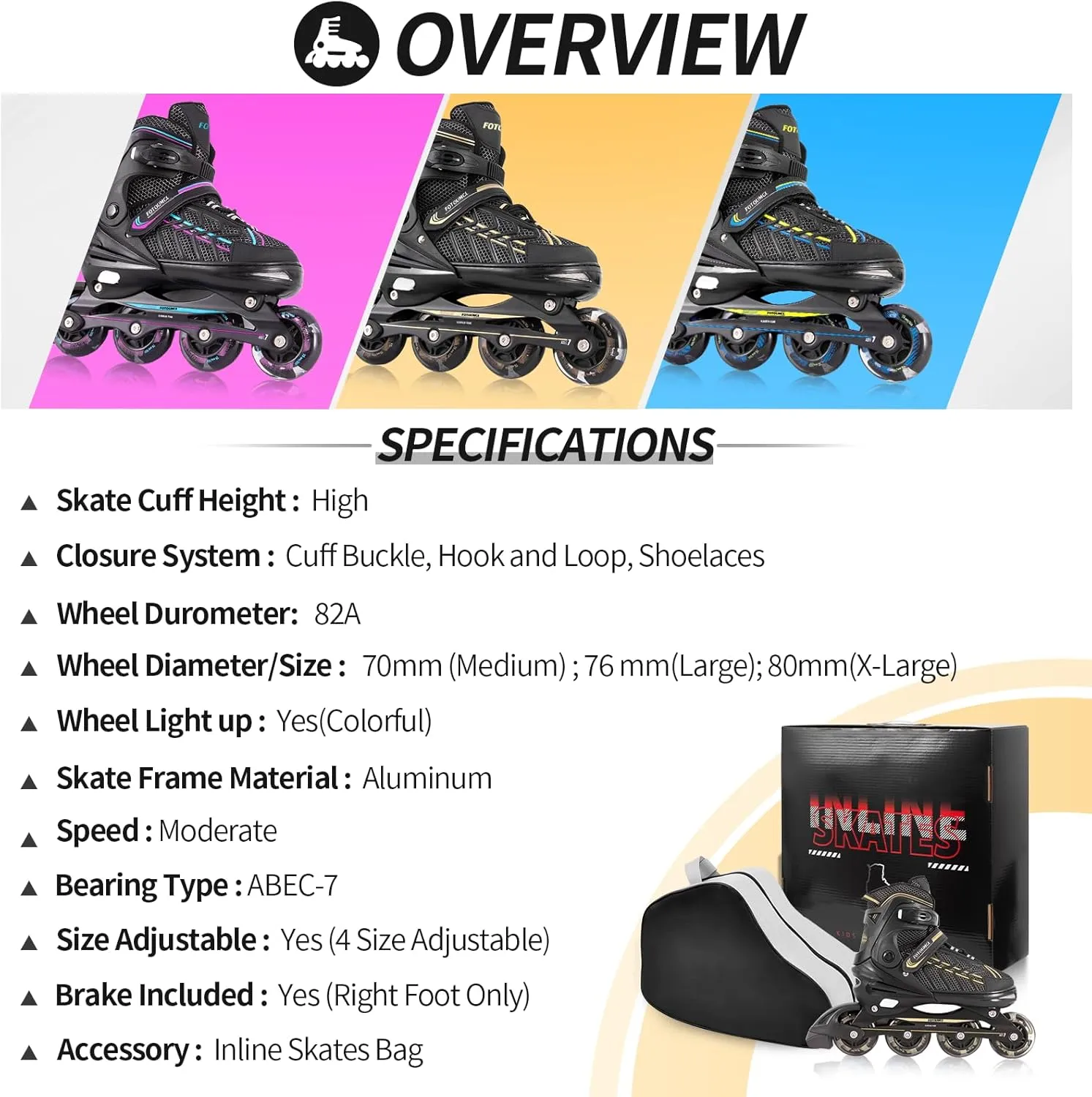 Inline Skates for Kids and Youth, Adjustable, Light Up Wheels, Beginner, Black, US 1-5, Girls