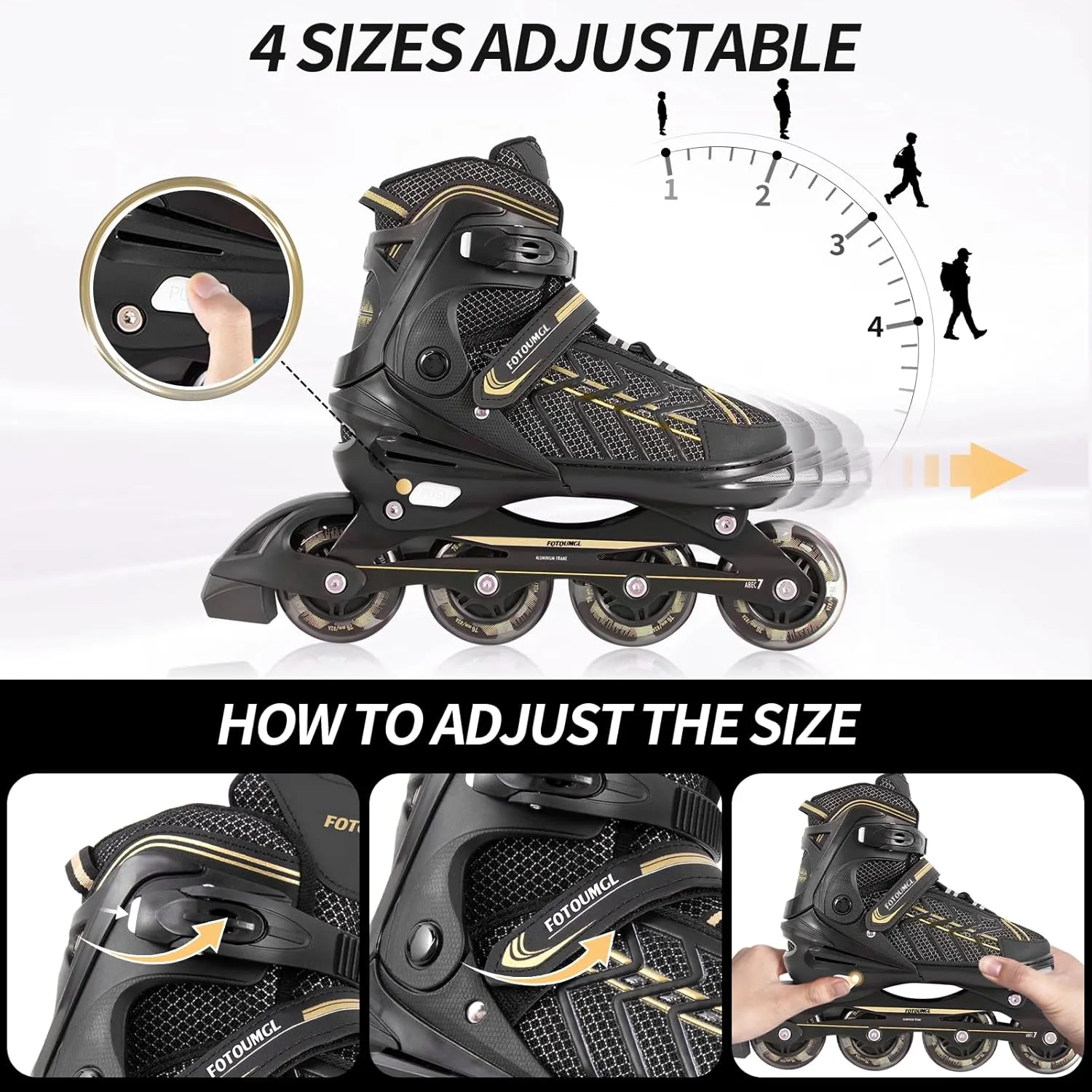 Inline Skates for Kids and Youth, Adjustable, Light Up Wheels, Beginner, Black, US 1-5, Girls