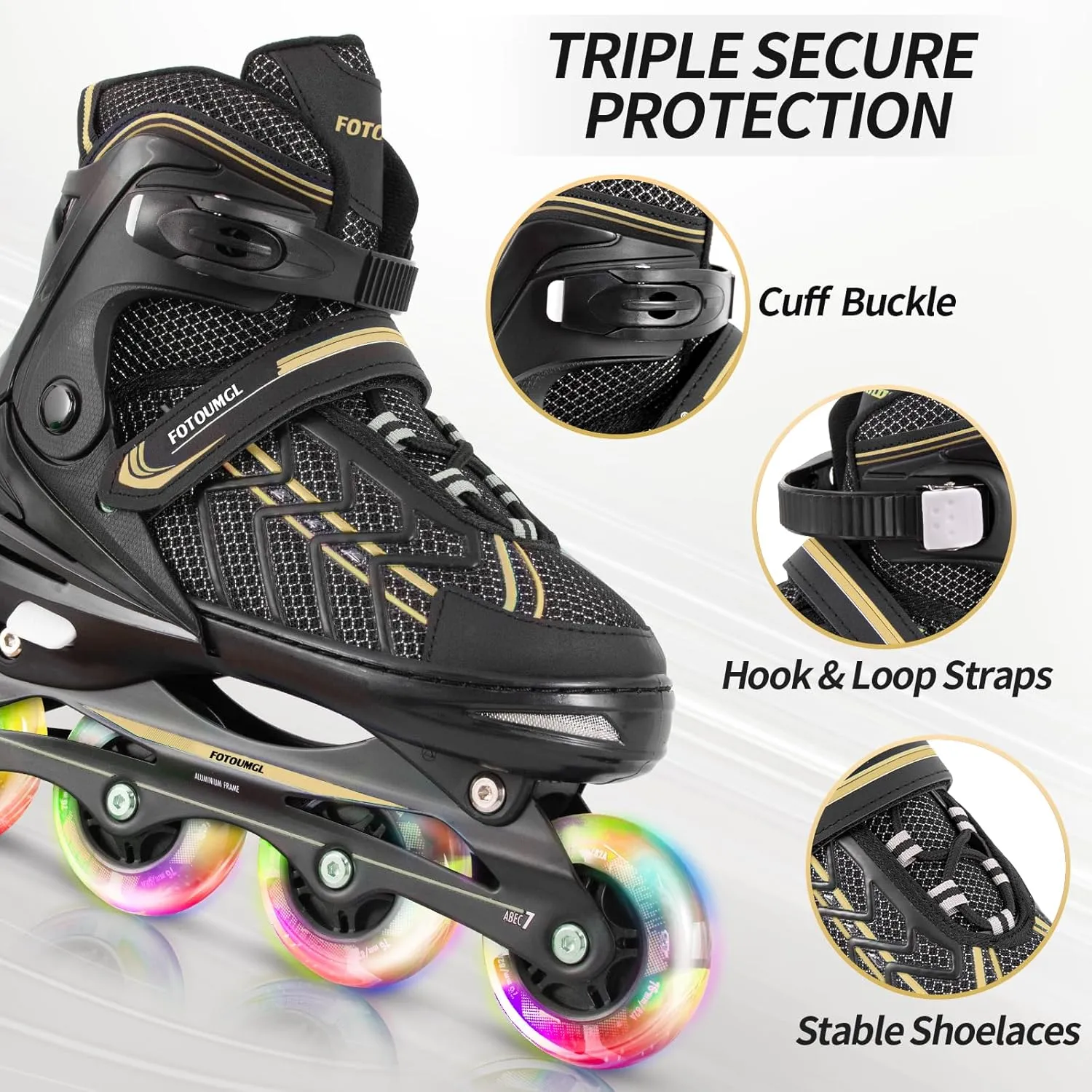 Inline Skates for Kids and Youth, Adjustable, Light Up Wheels, Beginner, Black, US 1-5, Girls