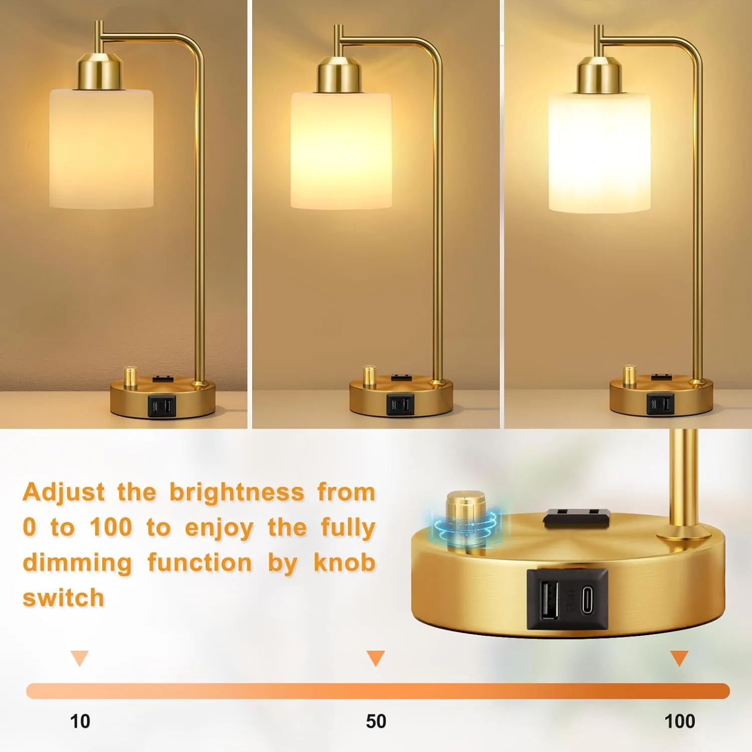 Innqoo Gold Lamp for Bedroom - Industrial Bedside Table Lamp with USB Port and Outlet, Fully Dimmable Nightstand Lamp with Opal Glass Shade, Small Desk Lamps for Home Office