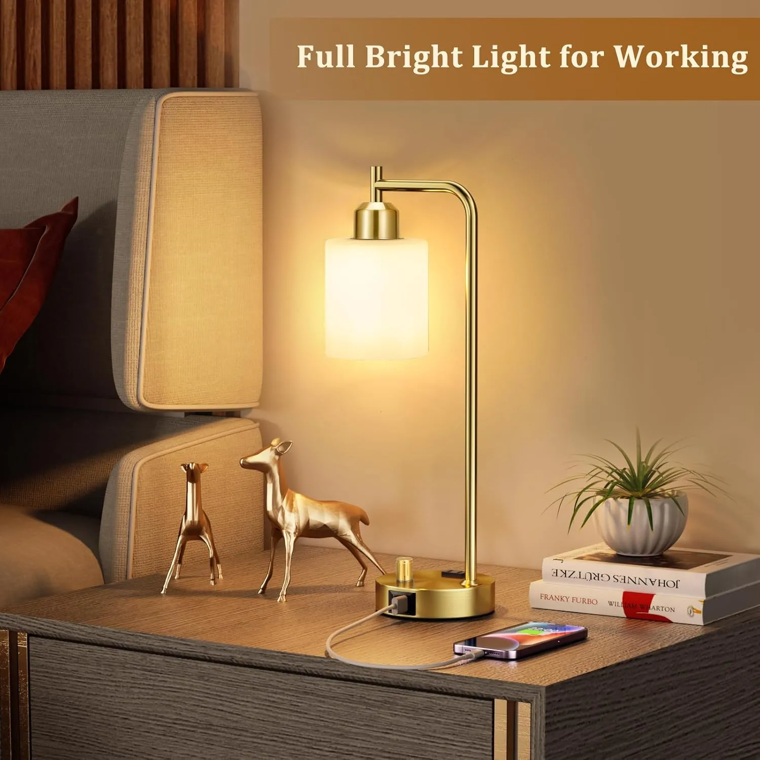 Innqoo Gold Lamp for Bedroom - Industrial Bedside Table Lamp with USB Port and Outlet, Fully Dimmable Nightstand Lamp with Opal Glass Shade, Small Desk Lamps for Home Office