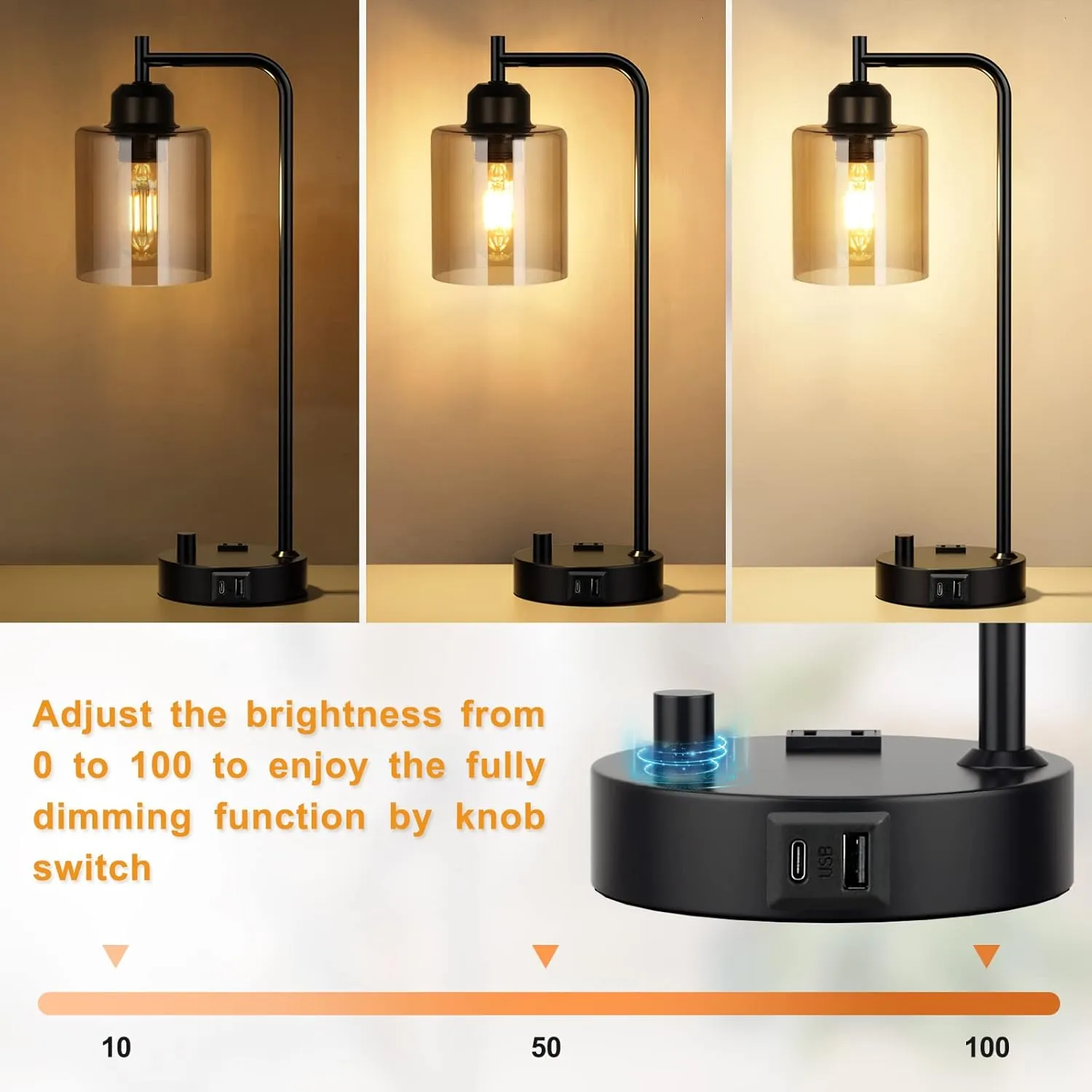 Innqoo Industrial Small Desk Lamp for Nightstand - Amber Clear Glass Shade Table Lamp with USB C Port, Fully Dimmable Black Bedside Lamp with USB Port and Outlet, Bedroom Lamp for Reading Office