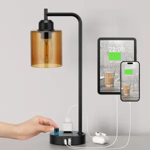 Innqoo Industrial Small Desk Lamp for Nightstand - Amber Clear Glass Shade Table Lamp with USB C Port, Fully Dimmable Black Bedside Lamp with USB Port and Outlet, Bedroom Lamp for Reading Office
