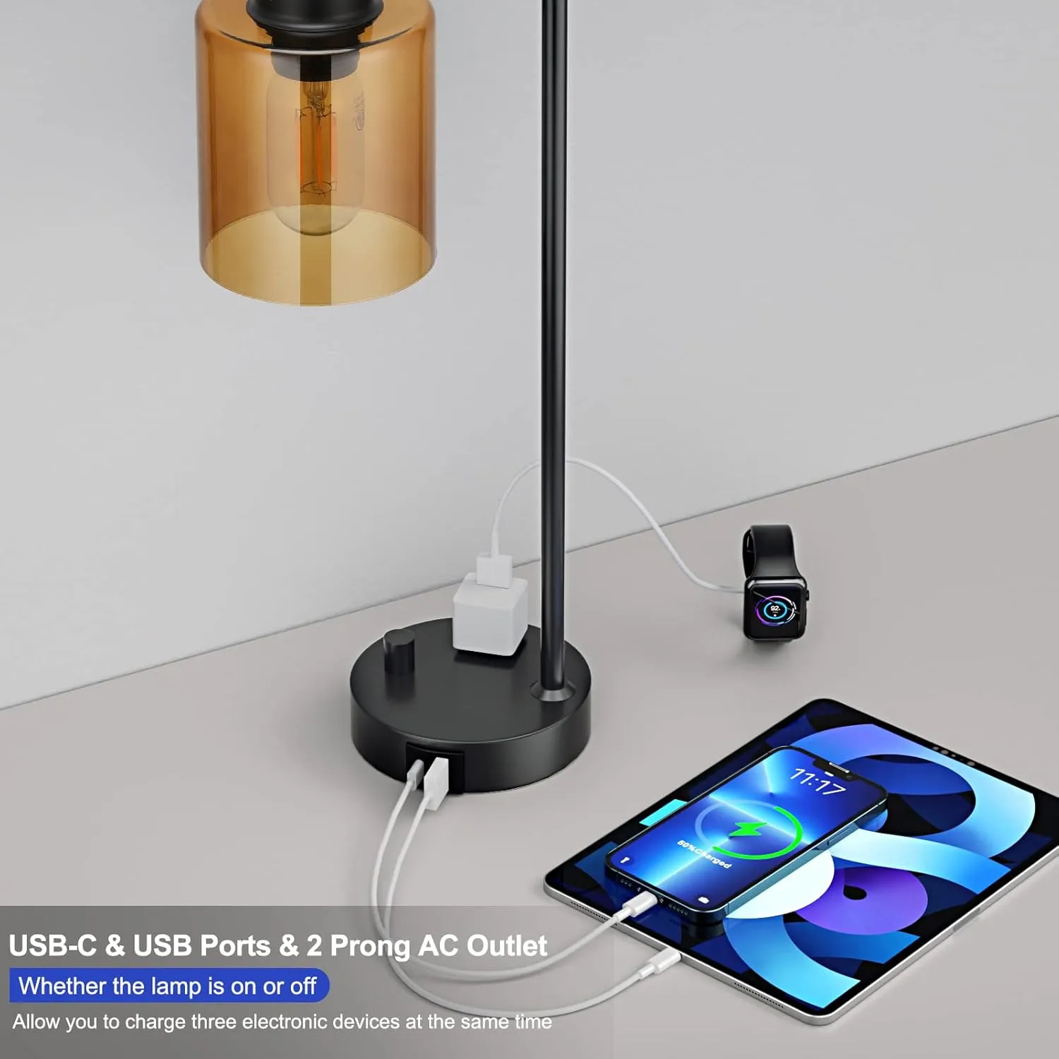 Innqoo Industrial Small Desk Lamp for Nightstand - Amber Clear Glass Shade Table Lamp with USB C Port, Fully Dimmable Black Bedside Lamp with USB Port and Outlet, Bedroom Lamp for Reading Office