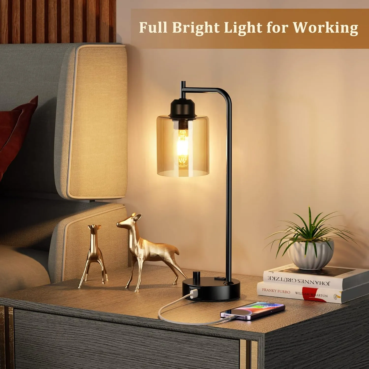 Innqoo Industrial Small Desk Lamp for Nightstand - Amber Clear Glass Shade Table Lamp with USB C Port, Fully Dimmable Black Bedside Lamp with USB Port and Outlet, Bedroom Lamp for Reading Office