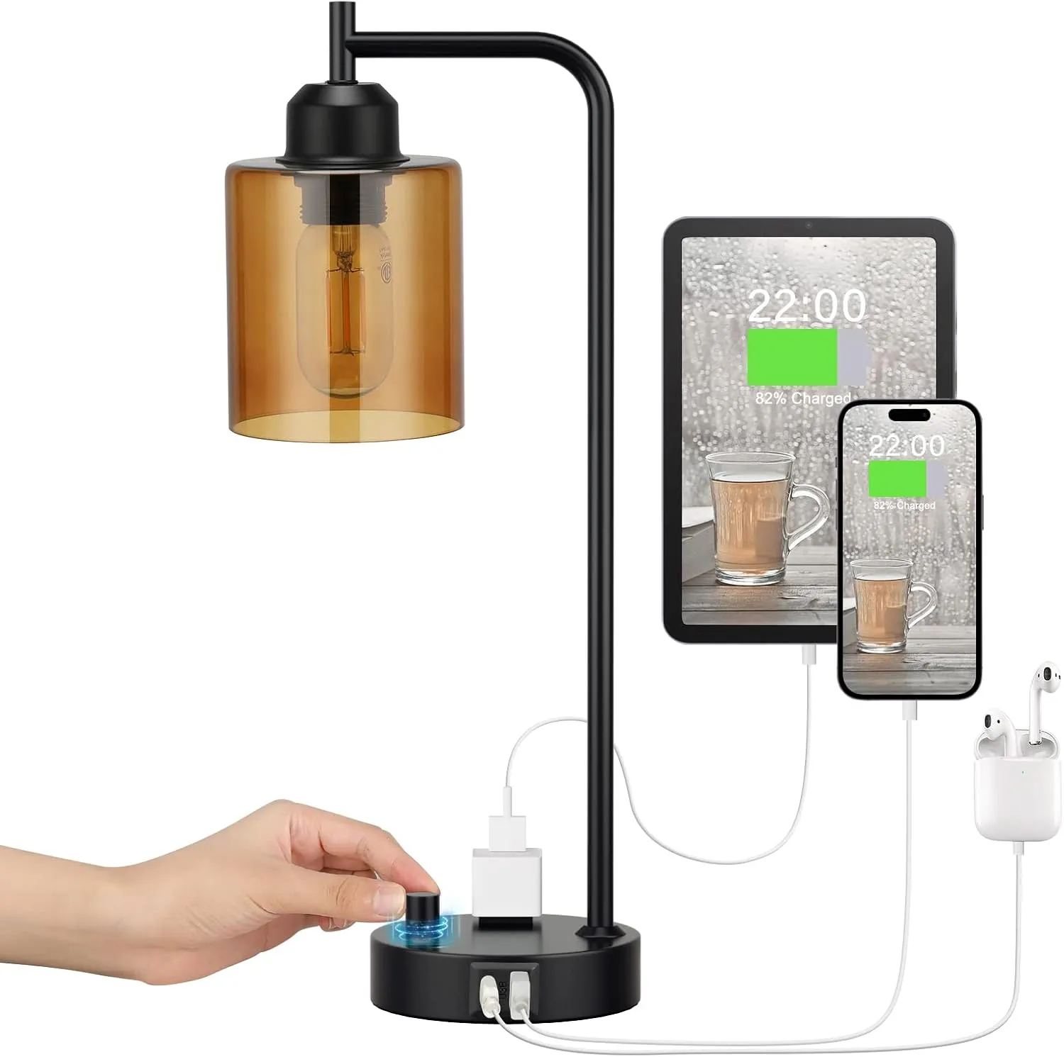 Innqoo Industrial Small Desk Lamp for Nightstand - Amber Clear Glass Shade Table Lamp with USB C Port, Fully Dimmable Black Bedside Lamp with USB Port and Outlet, Bedroom Lamp for Reading Office