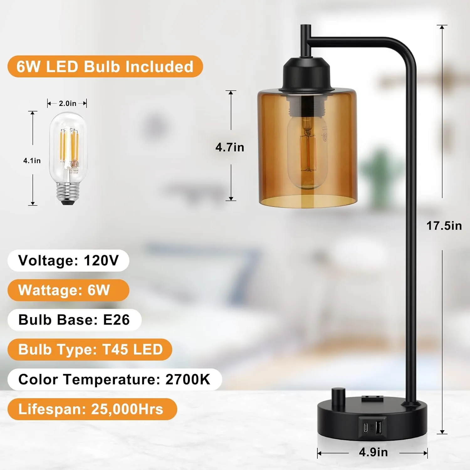 Innqoo Industrial Small Desk Lamp for Nightstand - Amber Clear Glass Shade Table Lamp with USB C Port, Fully Dimmable Black Bedside Lamp with USB Port and Outlet, Bedroom Lamp for Reading Office