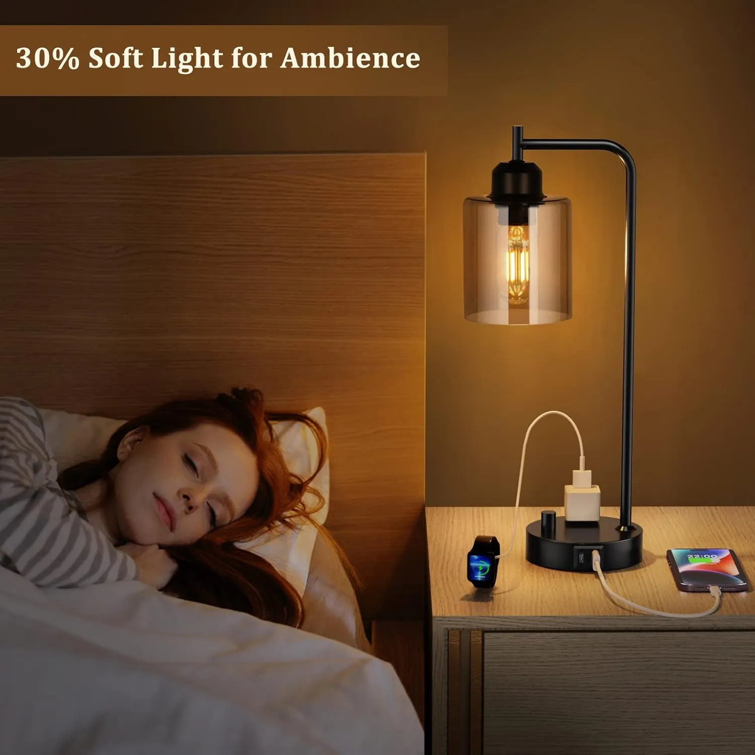 Innqoo Industrial Small Desk Lamp for Nightstand - Amber Clear Glass Shade Table Lamp with USB C Port, Fully Dimmable Black Bedside Lamp with USB Port and Outlet, Bedroom Lamp for Reading Office
