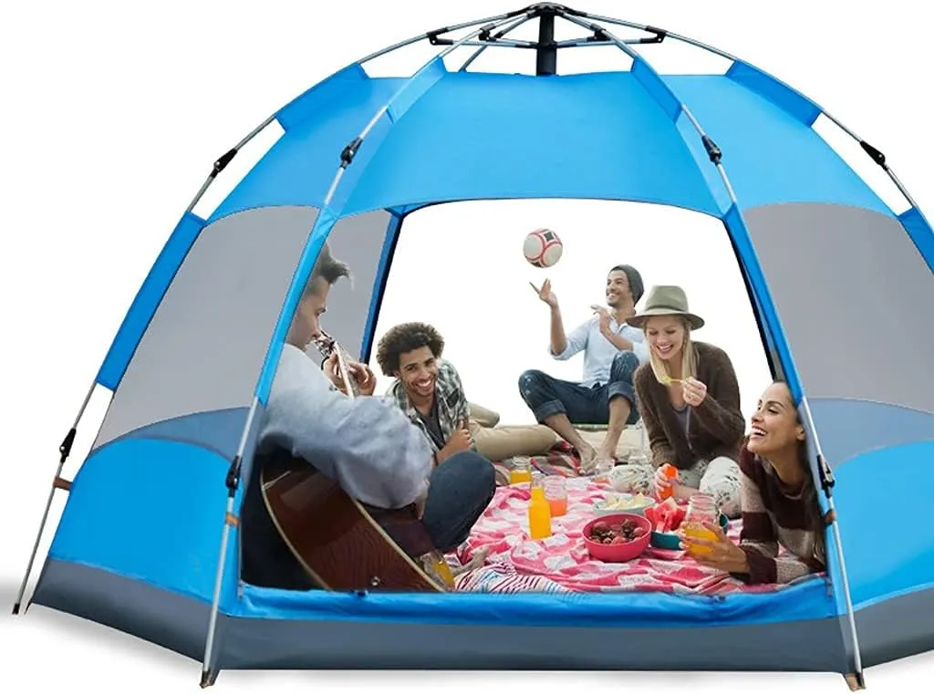 Instant Pop Up Tents, 3-4 People Double-Layer Hexagonal Camping Tent with Double Door Screens Waterproof Sunscreen Breathable, for Hiking Outdoor Travel Orange