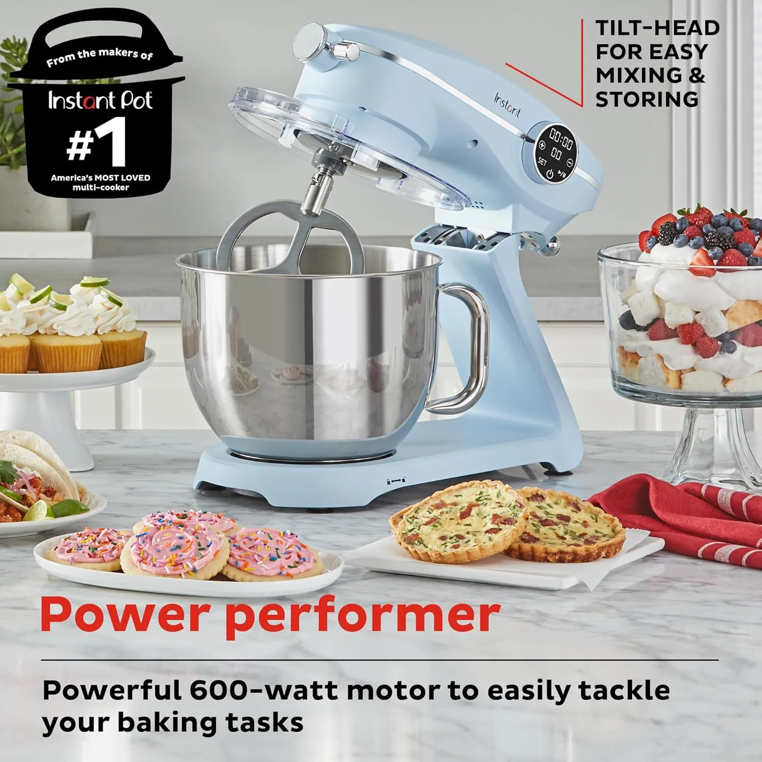 Instant Pot Stand Mixer Pro,600W 10-Speed Electric Mixer with Digital Interface,7.4-Qt Stainless Steel Bowl,From the Makers of Instant Pot,Dishwasher Safe Whisk,Dough Hook and Mixing Paddle,Blue