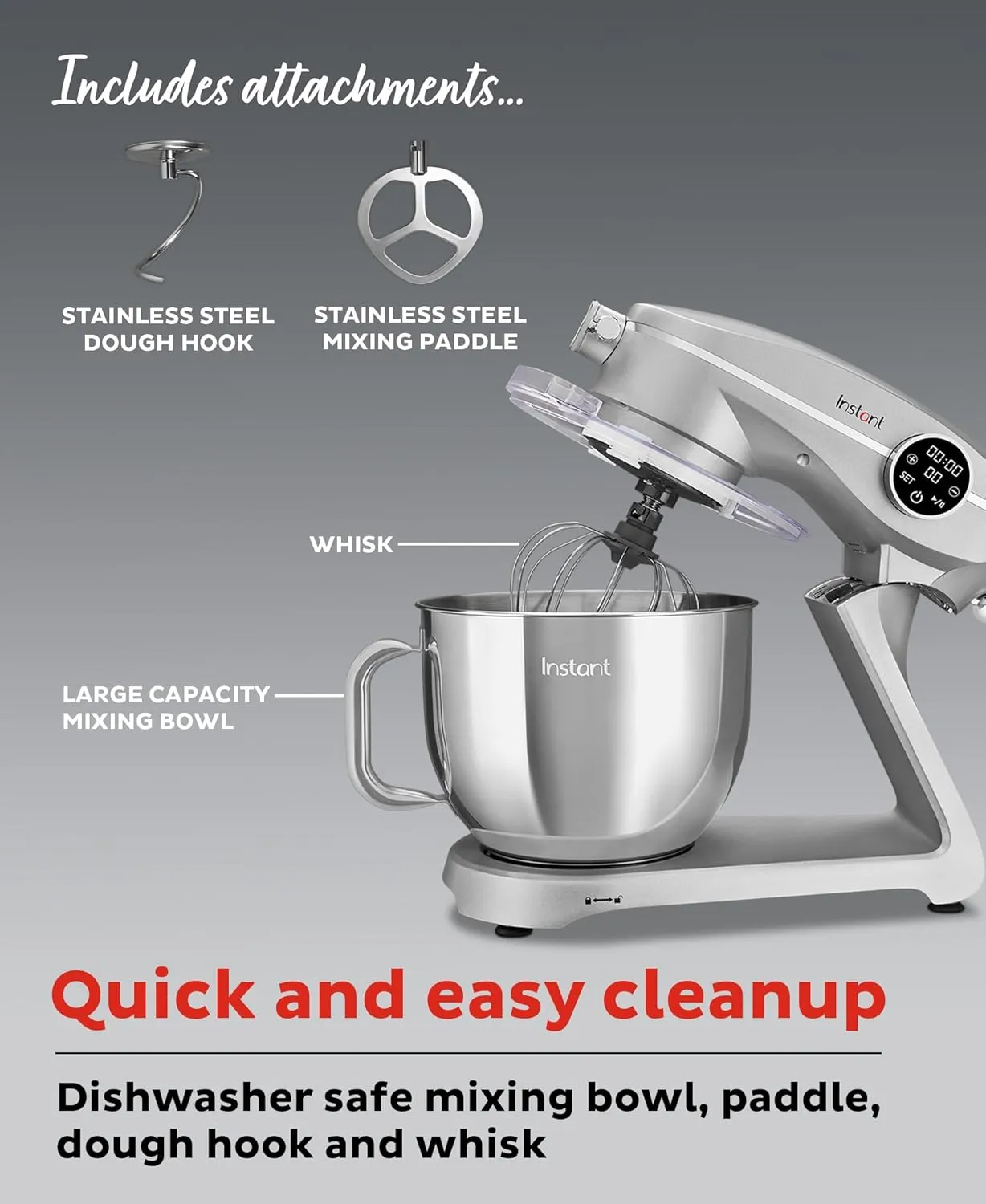 Instant Pot Stand Mixer Pro,600W 10-Speed Electric Mixer with Digital Interface,7.4-Qt Stainless Steel Bowl,From the Makers of Instant Pot,Dishwasher Safe Whisk,Dough Hook and Mixing Paddle,Silver
