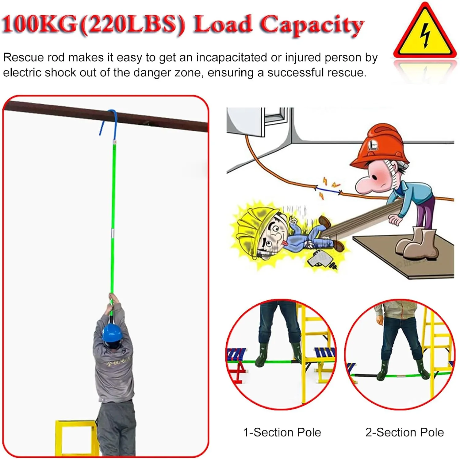Insulated Body Rescue Hook, 3 5 6 10 Ft Long Lightweight Anti Electric Shock Rescue Pole for New Energy Vehicle Repairs, 10KV 35KV 110KV 220KV High Voltage Electrical Lifeguard Rod Kit(Yellow 2pack,3.