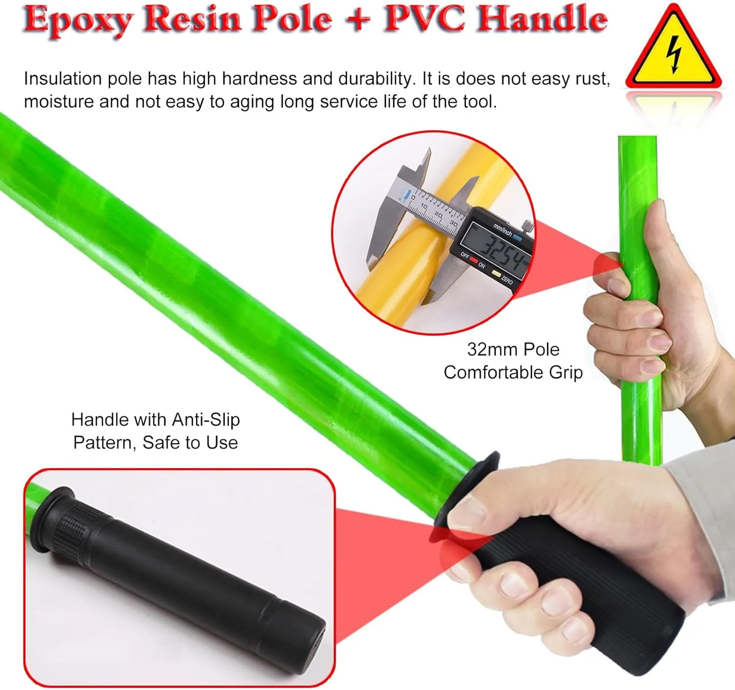 Insulated Body Rescue Hook, 3 5 6 10 Ft Long Lightweight Anti Electric Shock Rescue Pole for New Energy Vehicle Repairs, 10KV 35KV 110KV 220KV High Voltage Electrical Lifeguard Rod Kit(Yellow 2pack,3.