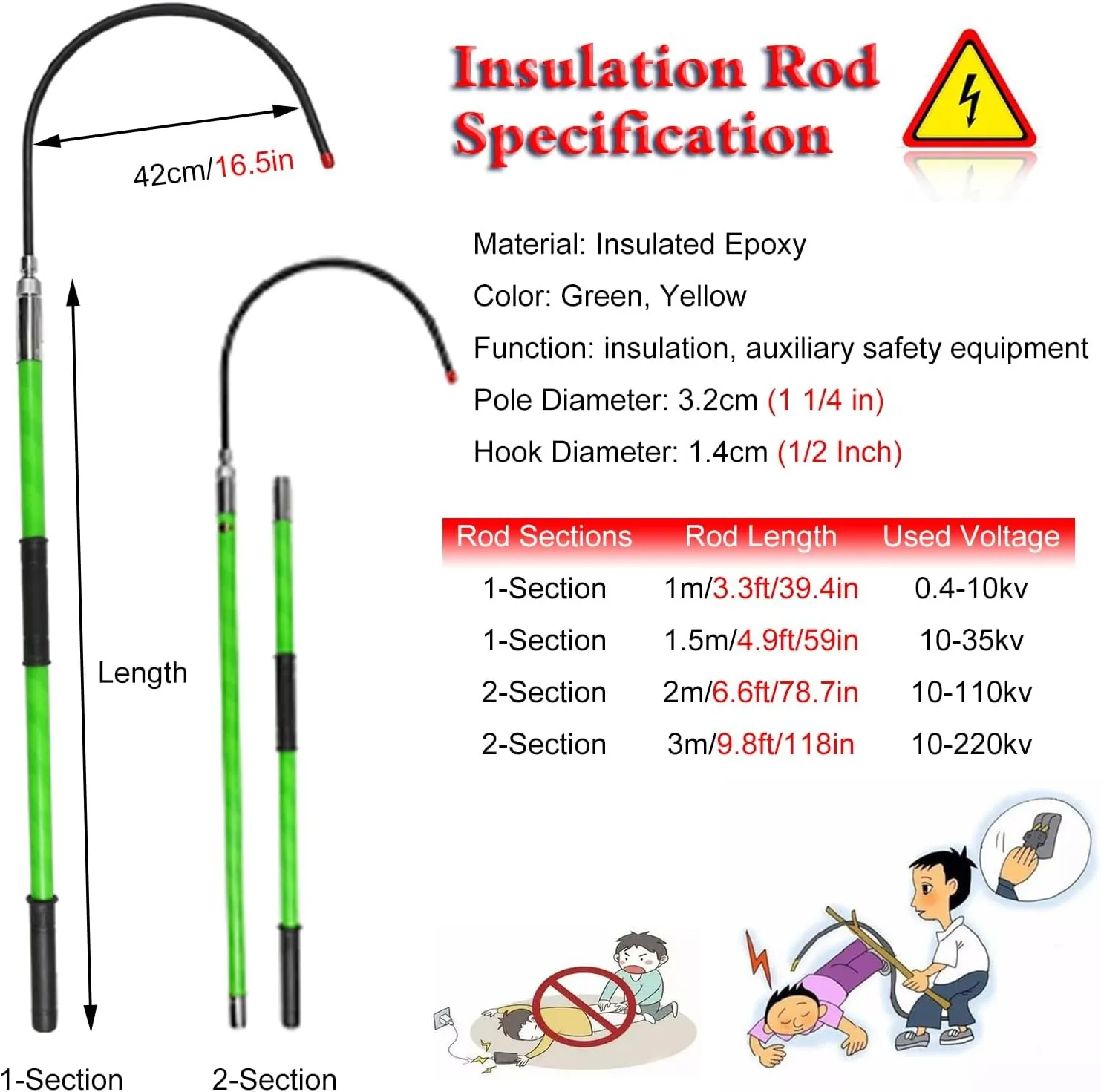 Insulated Body Rescue Hook, 3 5 6 10 Ft Long Lightweight Anti Electric Shock Rescue Pole for New Energy Vehicle Repairs, 10KV 35KV 110KV 220KV High Voltage Electrical Lifeguard Rod Kit(Yellow 2pack,3.