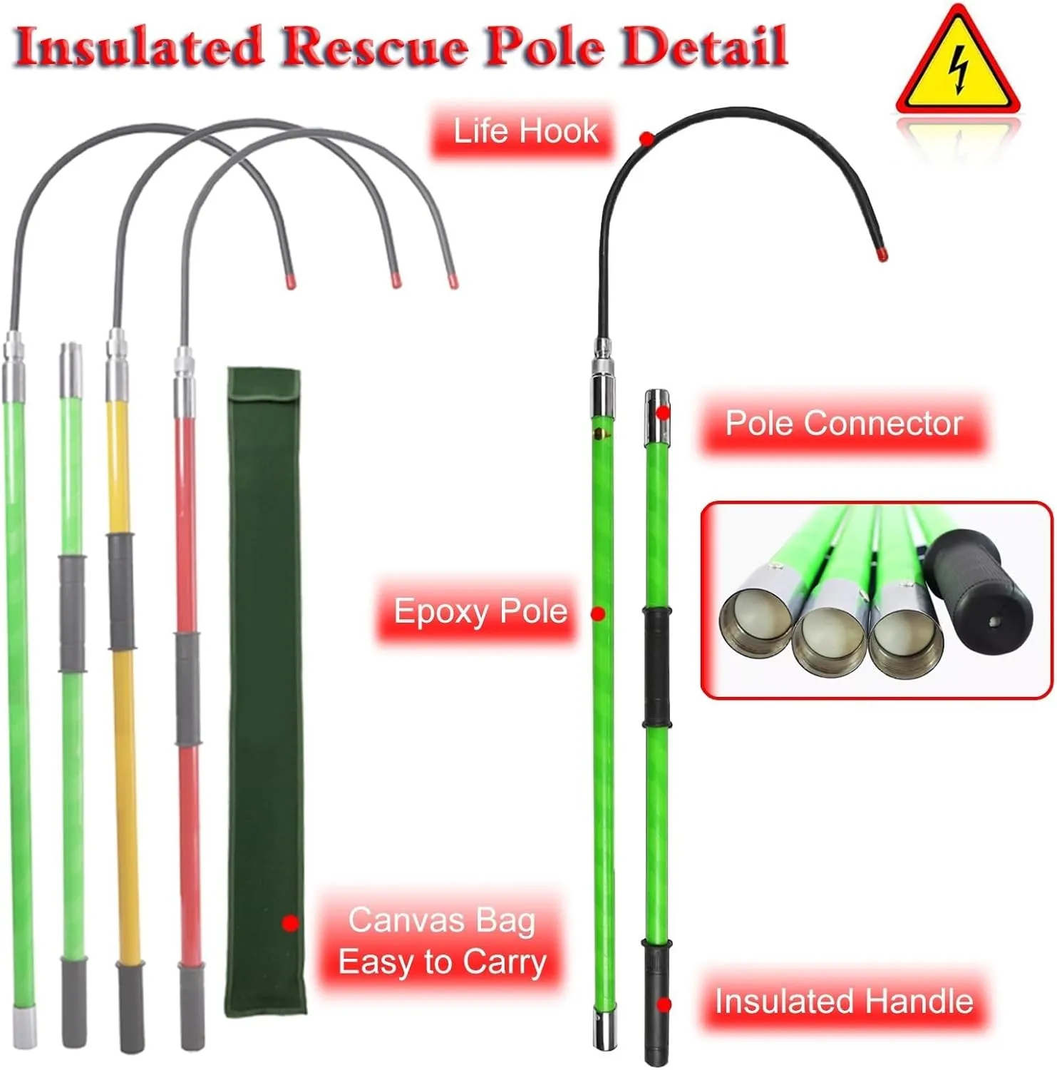 Insulated Body Rescue Hook, 3 5 6 10 Ft Long Lightweight Anti Electric Shock Rescue Pole for New Energy Vehicle Repairs, 10KV 35KV 110KV 220KV High Voltage Electrical Lifeguard Rod Kit(Yellow 2pack,3.