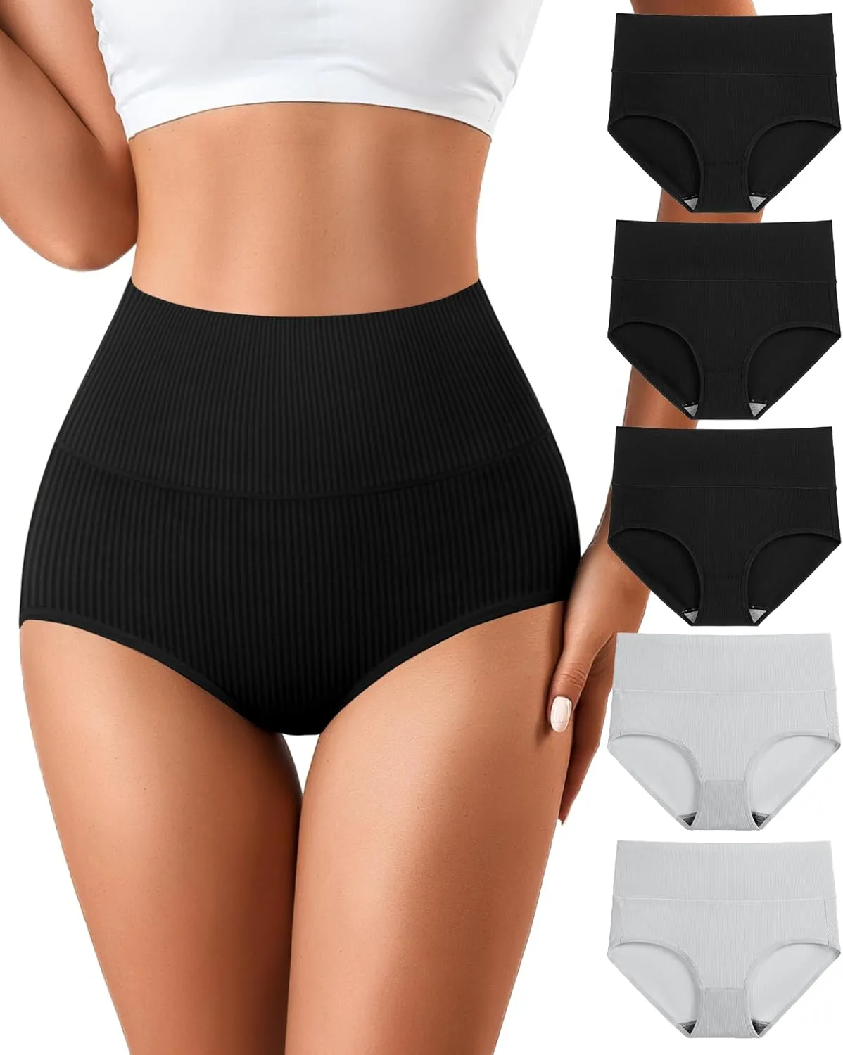 J-pone Womens Underwear Cotton High Waisted Strech Soft Full Coverage Briefs Ladies Postpartum Panties 5 Pack