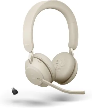 Jabra Evolve2 65 Wireless Headset USB-C Stereo MS, Bluetooth Dongle, Compatible with Zoom, Webex, Skype, Smartphones, Tablets, PC/MAC, 26599-999-898 (Beige), Global Teck Gold Support Plan Included