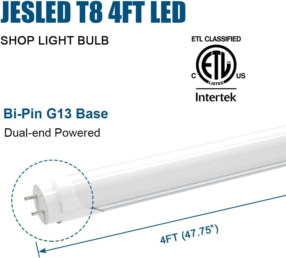 JESLED T8 4FT LED Type A B Tube Light Bulbs, 24W 5000K, 3000LM, Plug and Play or Ballast Bypass, 4 Foot LED Flourescent Replacement Tubes, Dual-end Powered, Frosted, Garage Warehouse Lights(12 Pack)
