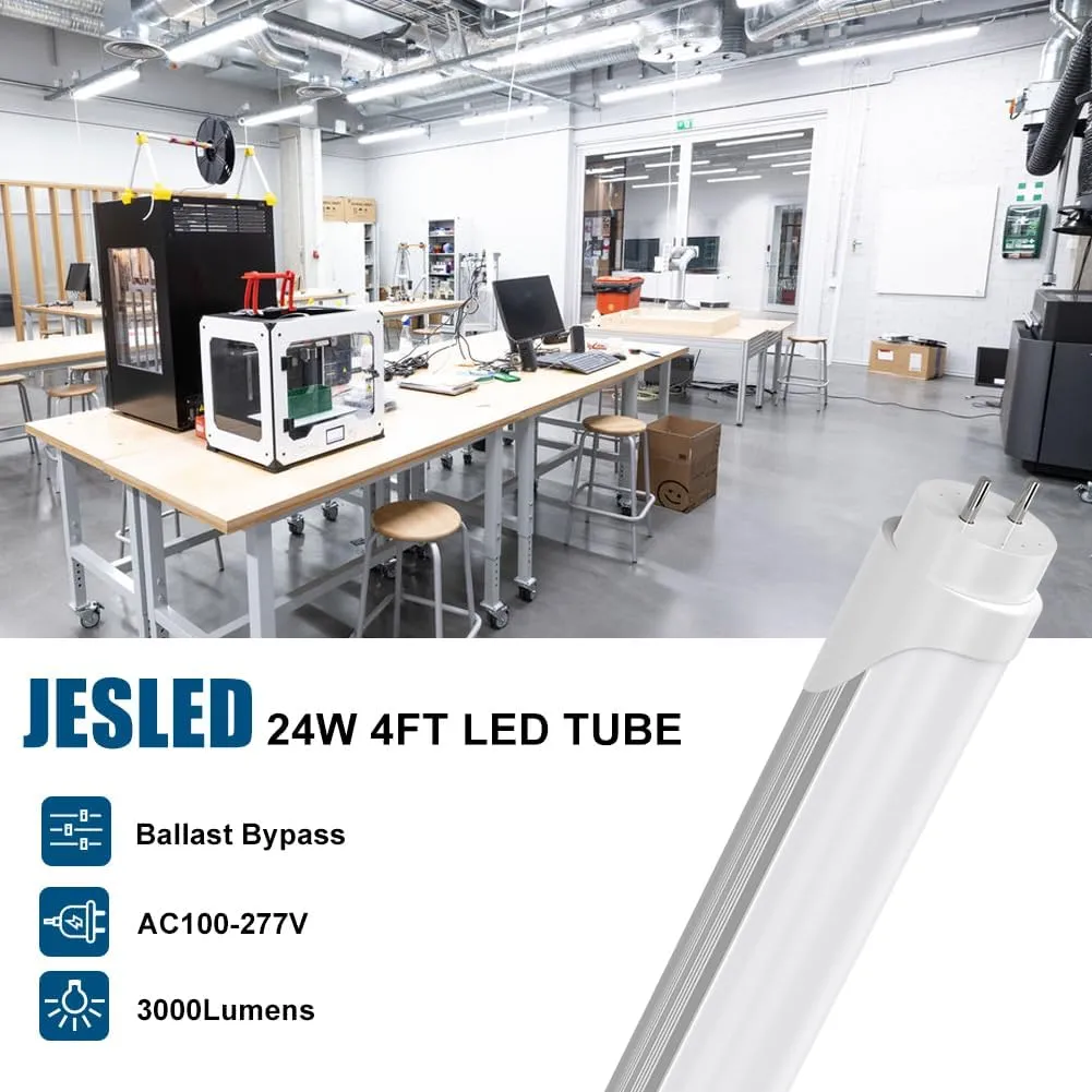 JESLED T8 4FT LED Type A B Tube Light Bulbs, 24W 5000K, 3000LM, Plug and Play or Ballast Bypass, 4 Foot LED Flourescent Replacement Tubes, Dual-end Powered, Frosted, Garage Warehouse Lights(12 Pack)