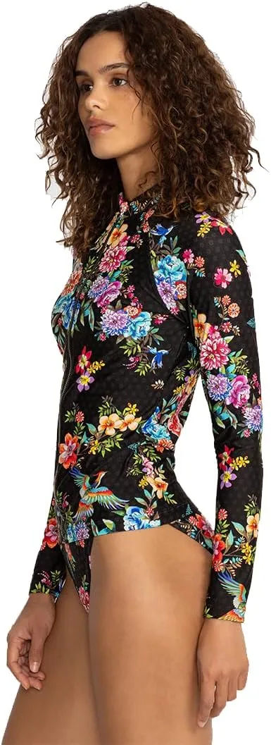 Johnny Was Sognatore Nero Long Sleeve Rash Guard Surf Shirt Black Floral Top New