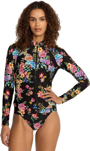 Johnny Was Sognatore Nero Long Sleeve Rash Guard Surf Shirt Black Floral Top New