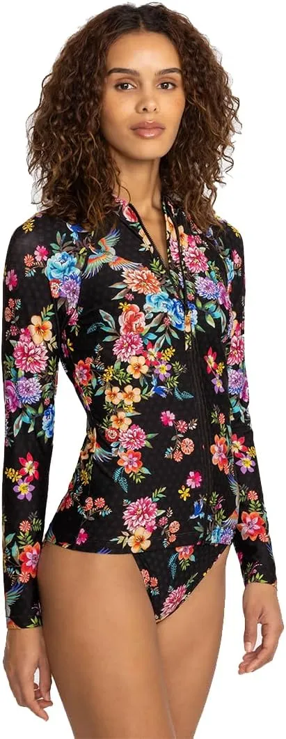 Johnny Was Sognatore Nero Long Sleeve Rash Guard Surf Shirt Black Floral Top New