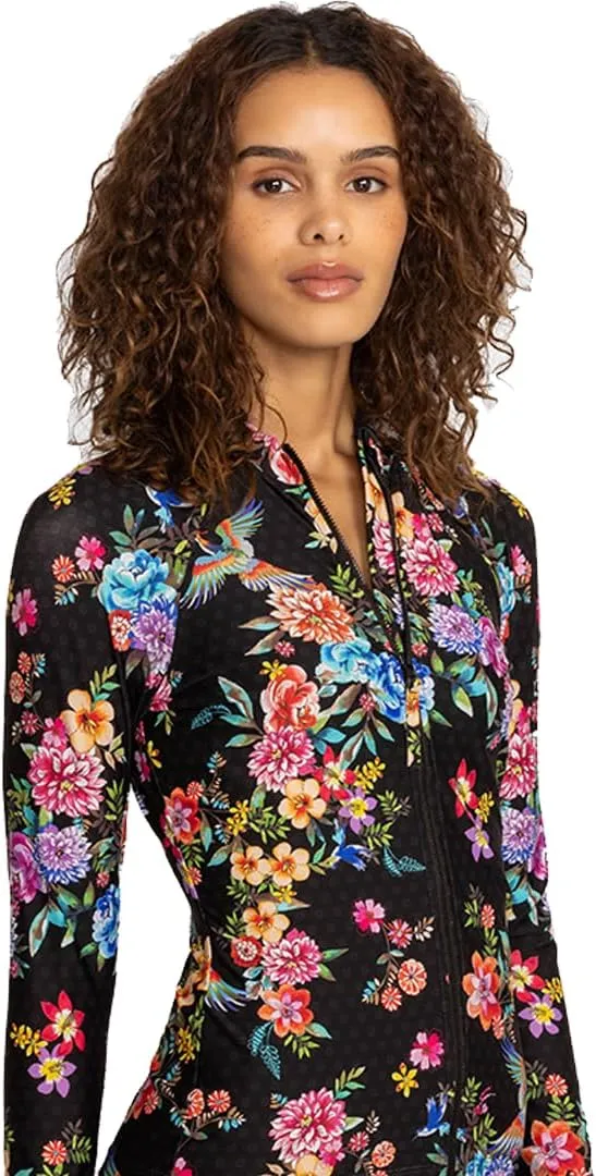 Johnny Was Sognatore Nero Long Sleeve Rash Guard Surf Shirt Black Floral Top New