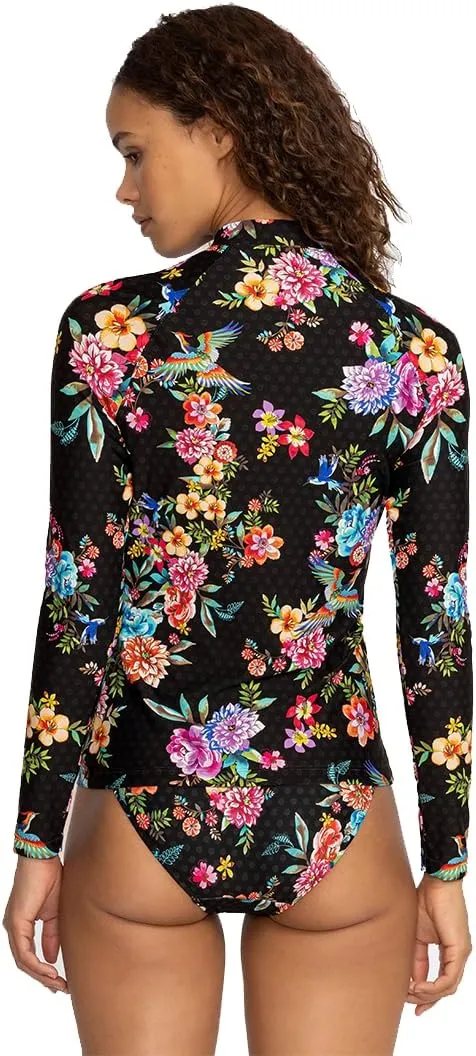 Johnny Was Sognatore Nero Long Sleeve Rash Guard Surf Shirt Black Floral Top New