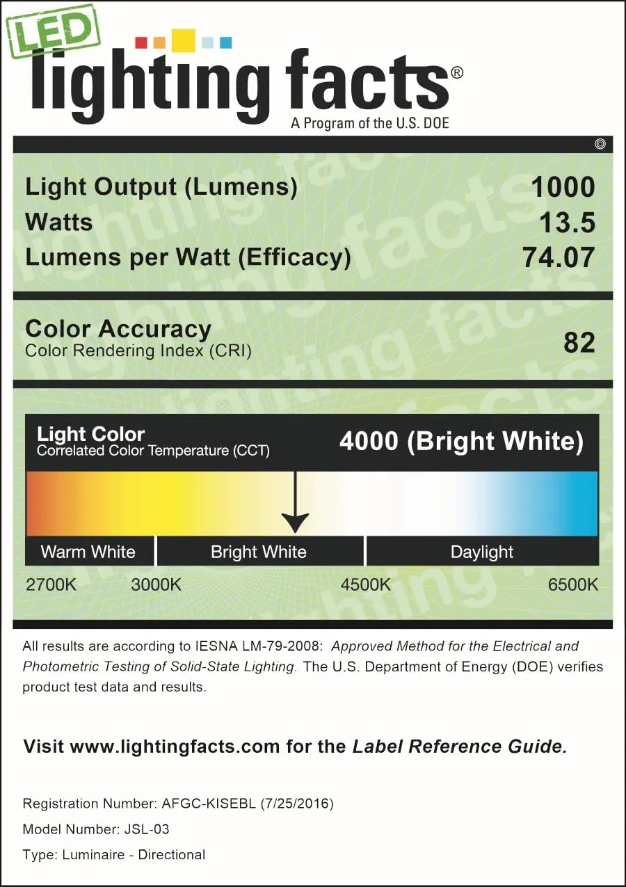 JSL-03W LED Flood Light, Security Light, Spot Light 13.5W(100W Halogen Bulb Equivalent), Waterproof IP65, 1000lm, 4000K, Adjustable Head, ETL Listed